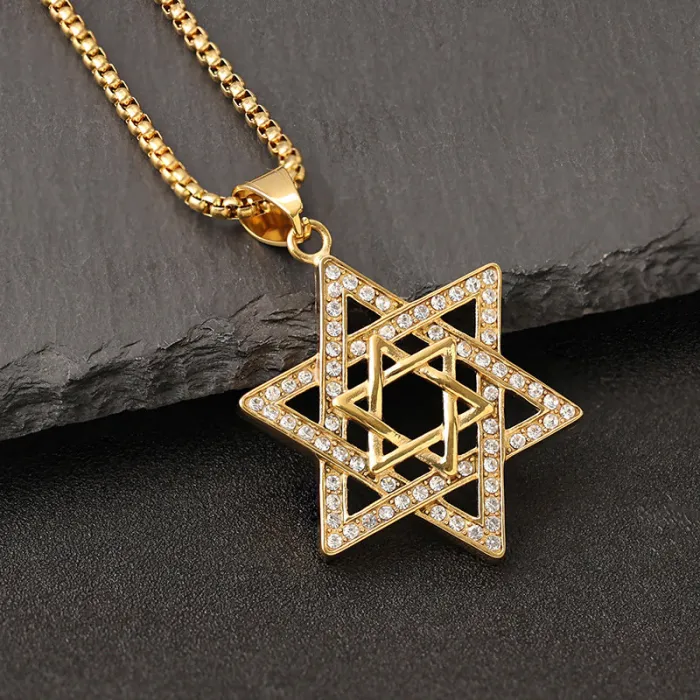 Wholesale Star of David Pendant – Bulk Gold-Plated Titanium Steel Hip Hop Necklace with CZ at Factory Price
