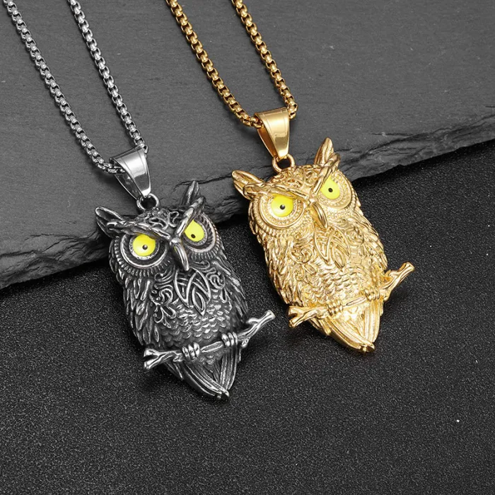 Wholesale Owl Pendant Necklace – Bulk Gold-Plated Stainless Steel Hip Hop Jewelry for Men at Factory Price