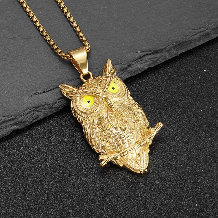 Wholesale Owl Pendant Necklace – Bulk Gold-Plated Stainless Steel Hip Hop Jewelry for Men at Factory Price