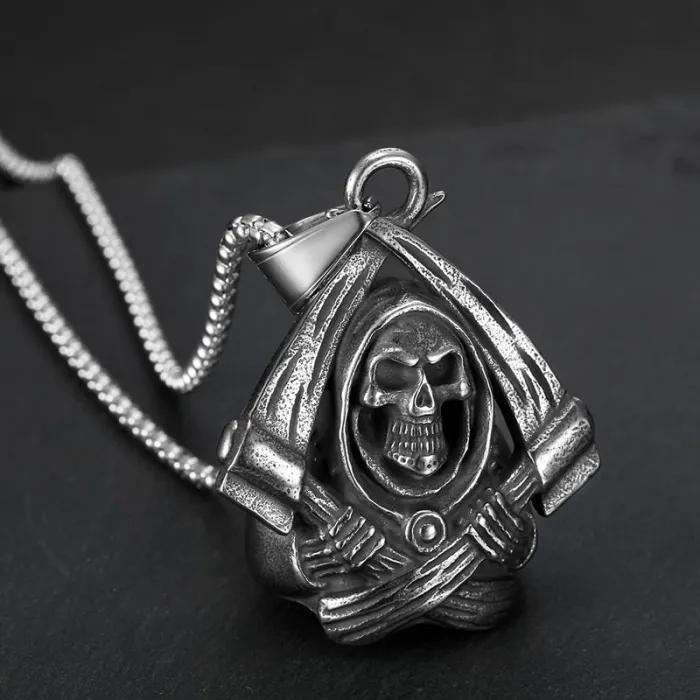 Wholesale Grim Reaper Bell Pendant – Bulk Vintage Polished Stainless Steel Biker Charm at Factory Price