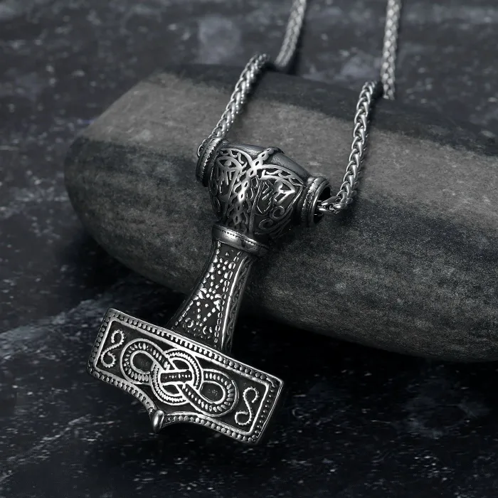 Factory Price Viking Thor's Hammer Pendant Necklace – Stainless Steel Vegvisir Compass Amulet with Nordic Runes for Men | Bulk Viking Jewelry Supplier