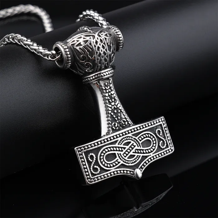 Factory Price Viking Thor's Hammer Pendant Necklace – Stainless Steel Vegvisir Compass Amulet with Nordic Runes for Men | Bulk Viking Jewelry Supplier