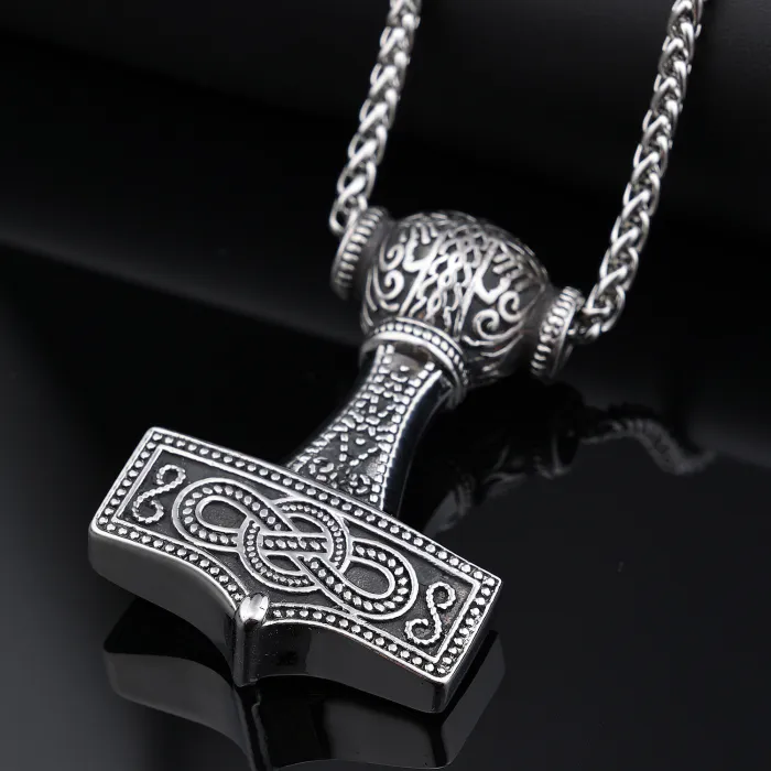 Factory Price Viking Thor's Hammer Pendant Necklace – Stainless Steel Vegvisir Compass Amulet with Nordic Runes for Men | Bulk Viking Jewelry Supplier