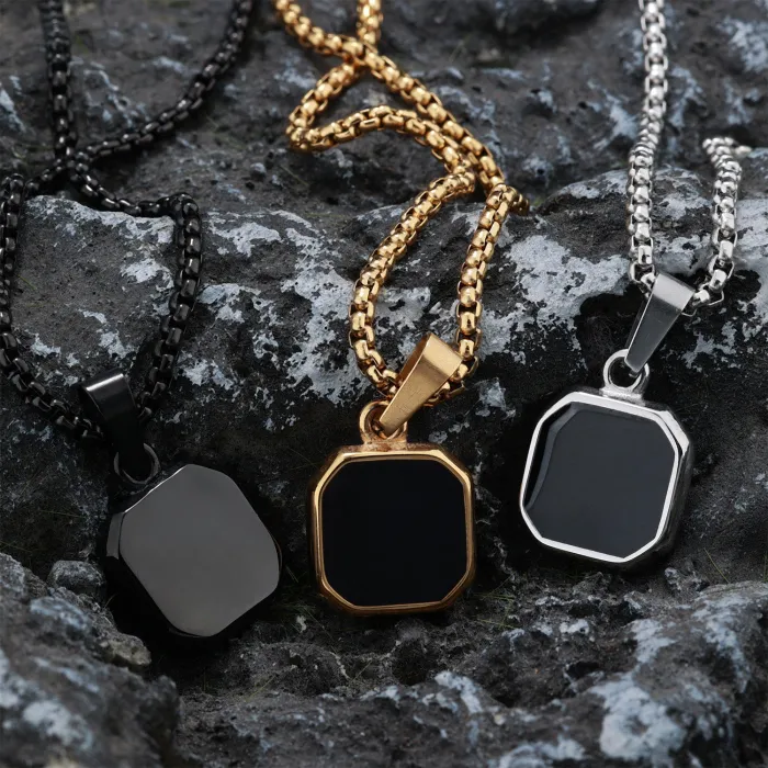 Wholesale Square Gemstone Pendant – Trendy Street Style Stainless Steel Necklace for Men, Fashion Jewelry Supplier with Ready Stock for Bulk Orders