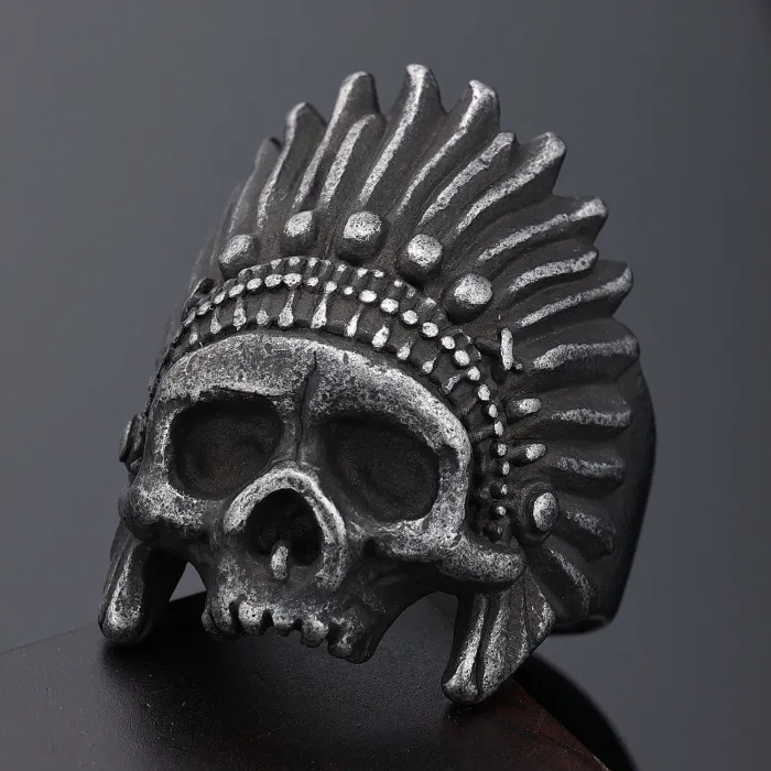 Wholesale Skull Indian Ring – Vintage Biker-Style Men's Stainless Steel Jewelry, Distressed Finish Punk Accessories, Factory Direct Supply Available