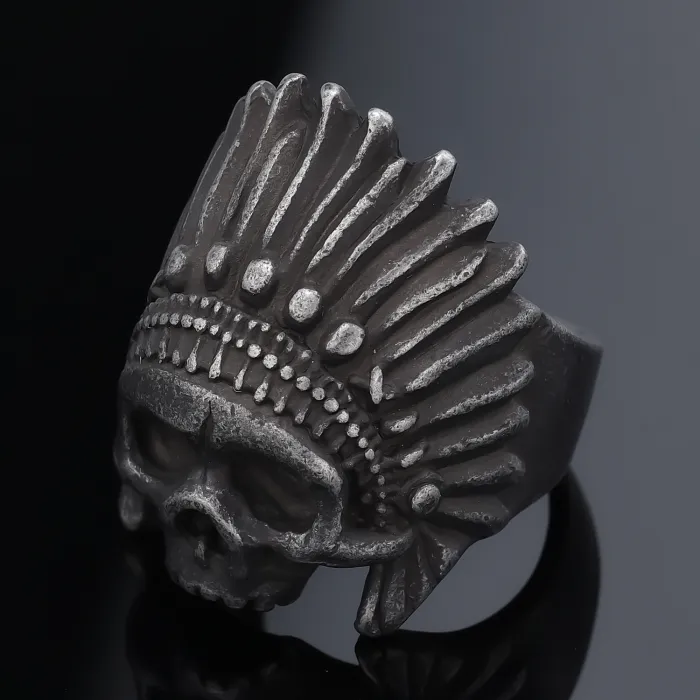 Wholesale Skull Indian Ring – Vintage Biker-Style Men's Stainless Steel Jewelry, Distressed Finish Punk Accessories, Factory Direct Supply Available