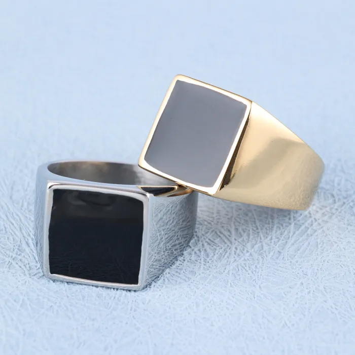 Wholesale Enamel Block Ring – Gold & Silver Square Titanium Steel Ring, Minimalist High-End Fashion Jewelry for Men & Women, In Stock