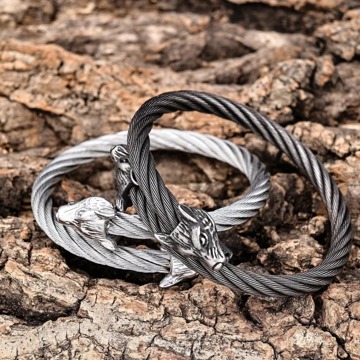 Wholesale Viking Wolf Head Bracelet – Braided Stainless Steel Men's Retro Cuff | Factory Price Jewelry