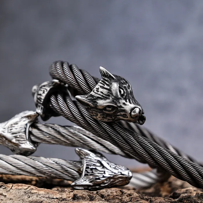 Wholesale Viking Wolf Head Bracelet – Braided Stainless Steel Men's Retro Cuff | Factory Price Jewelry