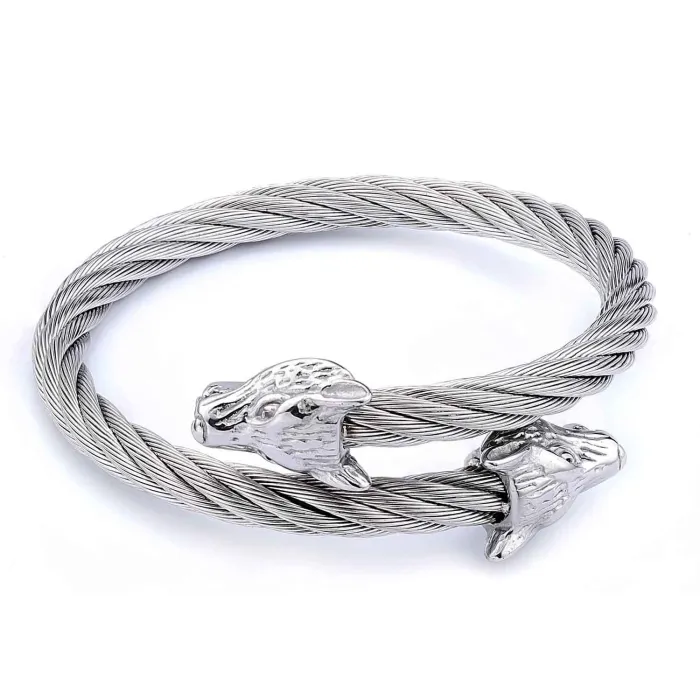 Wholesale Viking Wolf Head Bracelet – Braided Stainless Steel Men's Retro Cuff | Factory Price Jewelry