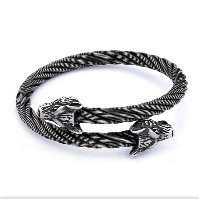 Wholesale Viking Wolf Head Bracelet – Braided Stainless Steel Men's Retro Cuff | Factory Price Jewelry