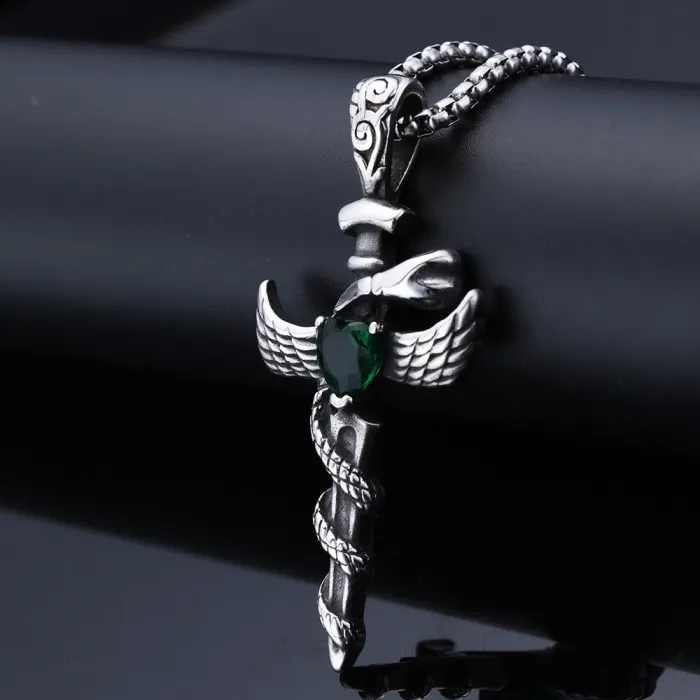 Wholesale Stainless Steel Wing Cross Pendant with Heart Gem – Street Style Jewelry for Resellers & Bulk Orders