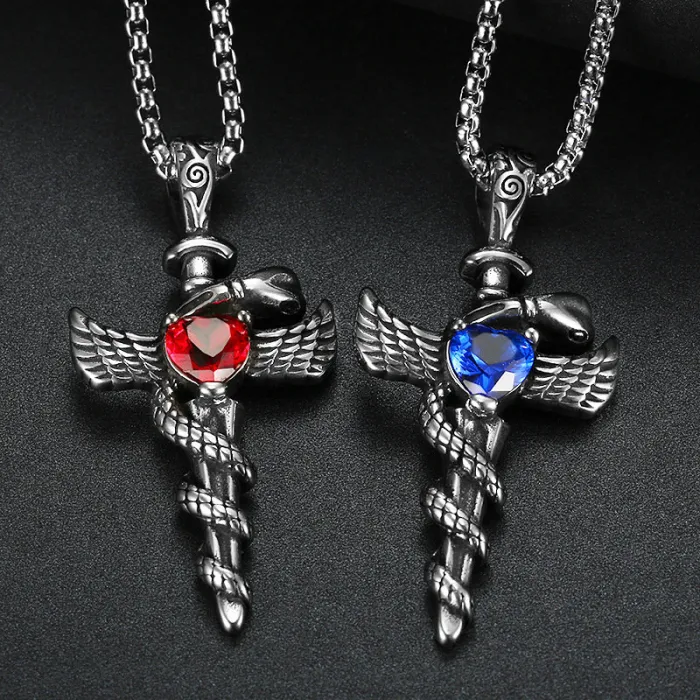 Wholesale Stainless Steel Wing Cross Pendant with Heart Gem – Street Style Jewelry for Resellers & Bulk Orders