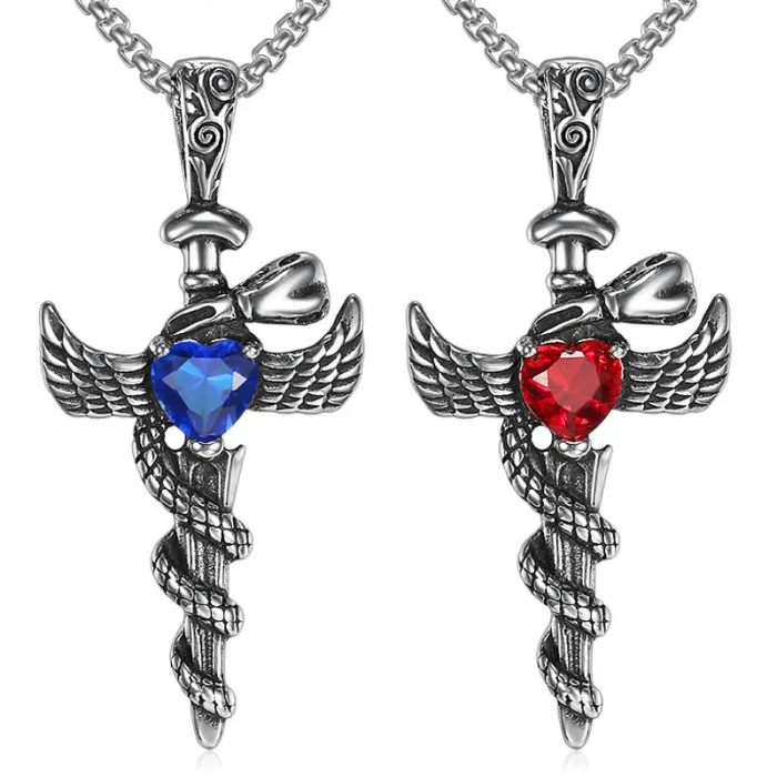 Wholesale Stainless Steel Wing Cross Pendant with Heart Gem – Street Style Jewelry for Resellers & Bulk Orders