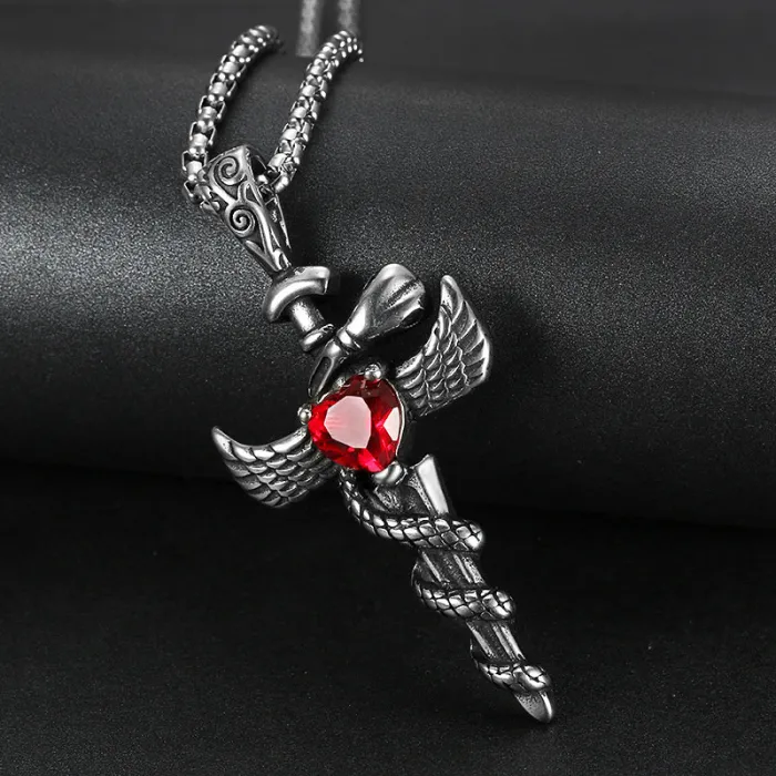 Wholesale Stainless Steel Wing Cross Pendant with Heart Gem – Street Style Jewelry for Resellers & Bulk Orders