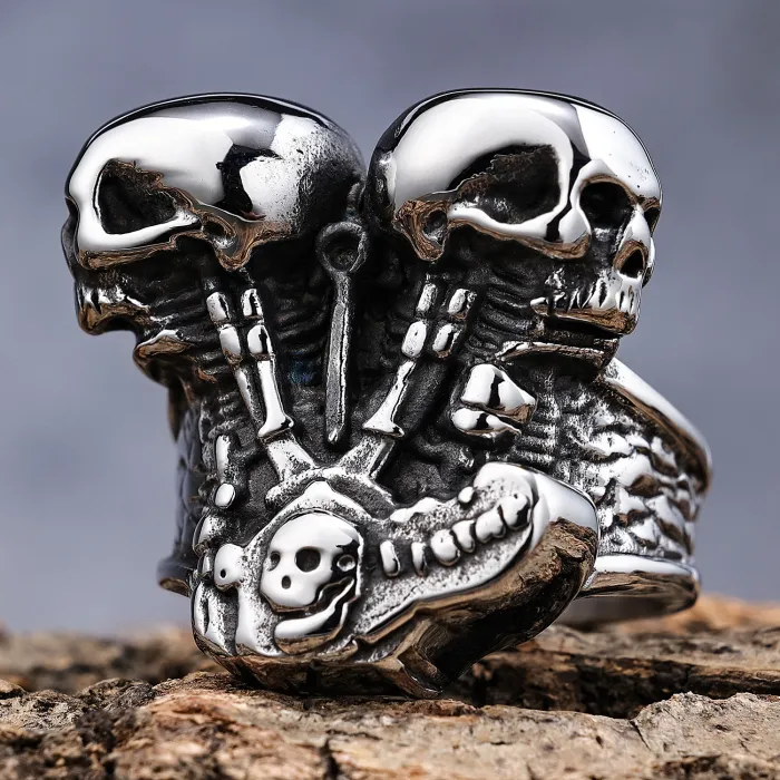Gothic Punk Style Double Skull Men's Ring – Titanium Steel Hot Sale Jewelry for Resellers | Bulk Gothic Rings Wholesale Supplier