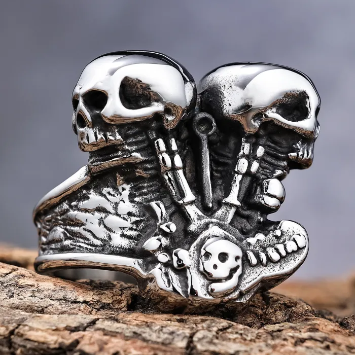 Gothic Punk Style Double Skull Men's Ring – Titanium Steel Hot Sale Jewelry for Resellers | Bulk Gothic Rings Wholesale Supplier