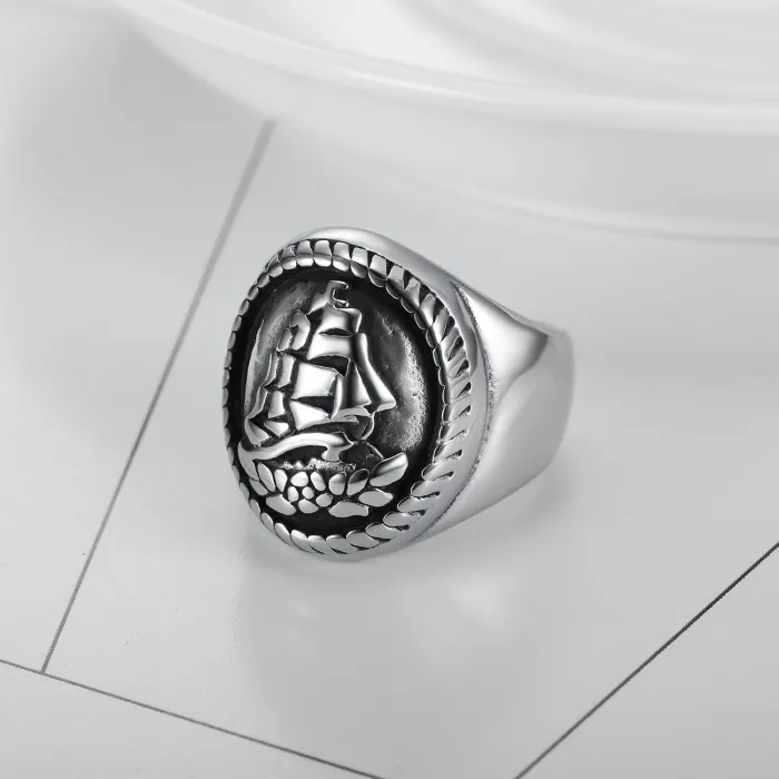 Wholesale Nautical Sailboat Signet Ring – New Arrival Vintage Maritime-Inspired Stainless Steel Men's Ring | Bulk Sailing Jewelry Supplier