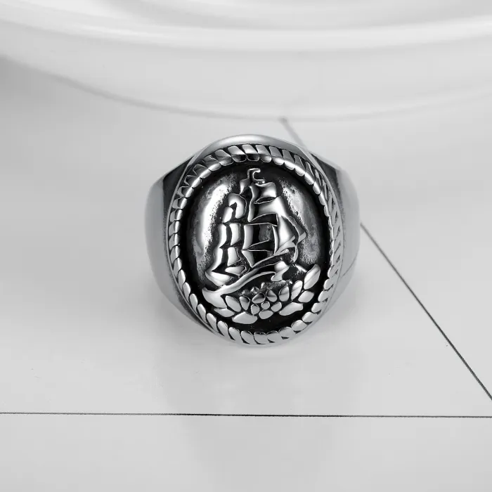 Wholesale Nautical Sailboat Signet Ring – New Arrival Vintage Maritime-Inspired Stainless Steel Men's Ring | Bulk Sailing Jewelry Supplier