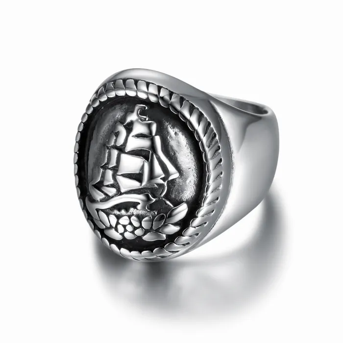 Wholesale Nautical Sailboat Signet Ring – New Arrival Vintage Maritime-Inspired Stainless Steel Men's Ring | Bulk Sailing Jewelry Supplier