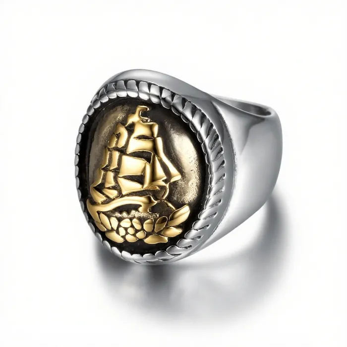 Wholesale Nautical Sailboat Signet Ring – New Arrival Vintage Maritime-Inspired Stainless Steel Men's Ring | Bulk Sailing Jewelry Supplier