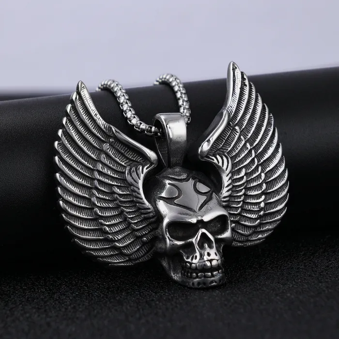 Wholesale Gothic Winged Skull Pendant – Retro Stainless Steel Punk Necklace for Men | Bulk Goth Biker Jewelry Supplier
