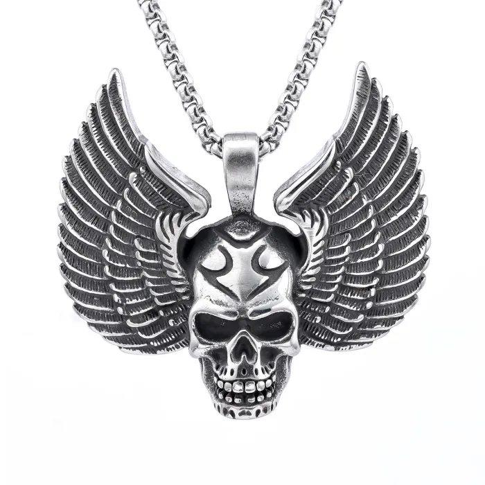 Wholesale Gothic Winged Skull Pendant – Retro Stainless Steel Punk Necklace for Men | Bulk Goth Biker Jewelry Supplier