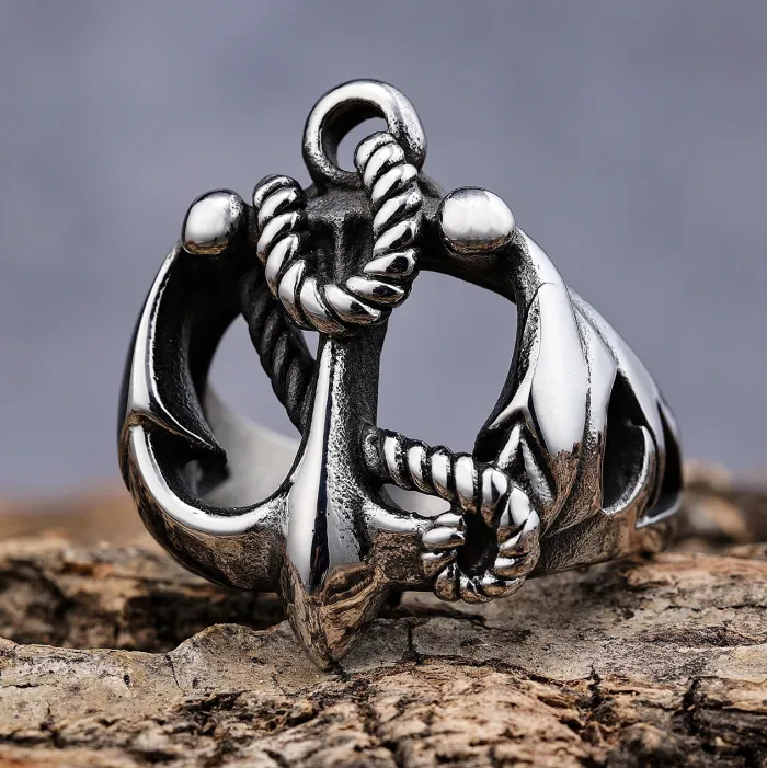 Wholesale Titanium Steel Anchor Ring – Fashion Unisex Nautical Style Jewelry, Retro Streetwear Design, Bulk Stainless Steel Rings