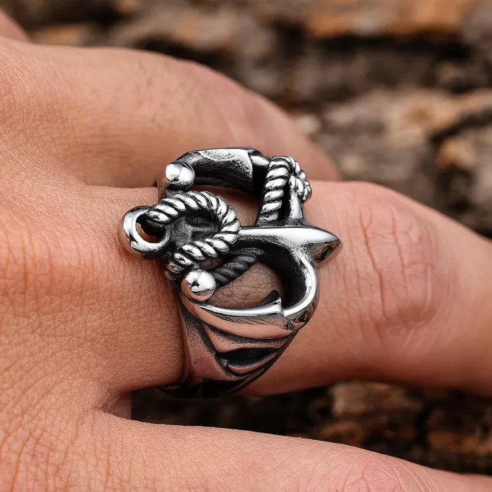 Wholesale Titanium Steel Anchor Ring – Fashion Unisex Nautical Style Jewelry, Retro Streetwear Design, Bulk Stainless Steel Rings