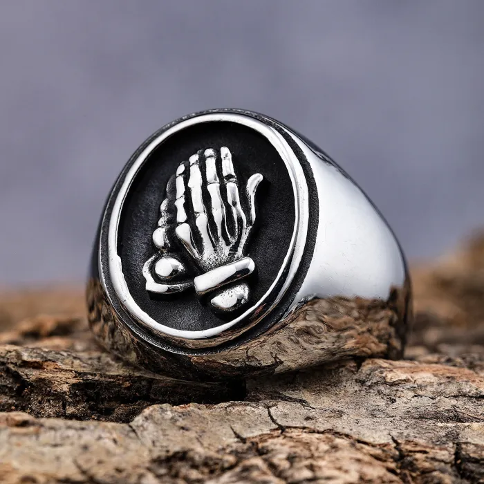 Wholesale Praying Hands Ring – Bold Stainless Steel Religious Jewelry for Men, Fashionable Titanium Steel Statement Ring for Resellers