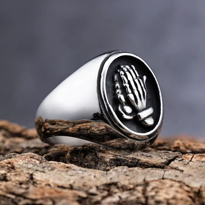 Wholesale Praying Hands Ring – Bold Stainless Steel Religious Jewelry for Men, Fashionable Titanium Steel Statement Ring for Resellers