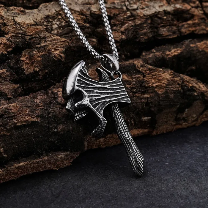 Retro Skull Axe Pendant – Bold Stainless Steel Gothic Pendant for Men | Punk Style Jewelry Wholesale Accessories Factory Supply