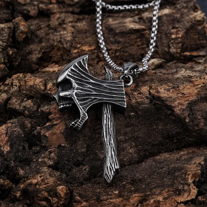Retro Skull Axe Pendant – Bold Stainless Steel Gothic Pendant for Men | Punk Style Jewelry Wholesale Accessories Factory Supply