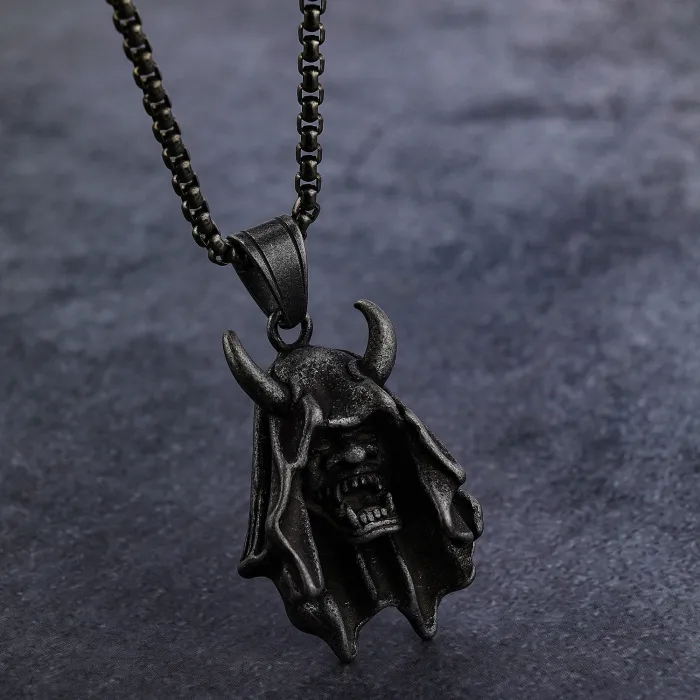 Retro Demon Hannya Mask Pendant – Gothic Japanese Style Stainless Steel Necklace | Punk Fashion Jewelry Accessories Wholesale