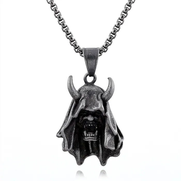 Retro Demon Hannya Mask Pendant – Gothic Japanese Style Stainless Steel Necklace | Punk Fashion Jewelry Accessories Wholesale