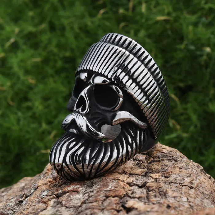 Retro Biker-Style Stainless Steel Skull Ring – Men's Beard Skeleton Ring with Hat | Gothic Punk Jewelry for Wholesale, Bulk Orders, Factory Supply
