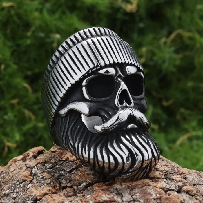 Retro Biker-Style Stainless Steel Skull Ring – Men's Beard Skeleton Ring with Hat | Gothic Punk Jewelry for Wholesale, Bulk Orders, Factory Supply