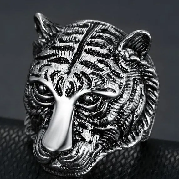 Wholesale Vintage Stainless Steel Tiger Head Ring – Solid Animal Design Men's Punk Ring | Hot-Selling Factory Direct Unisex Jewelry