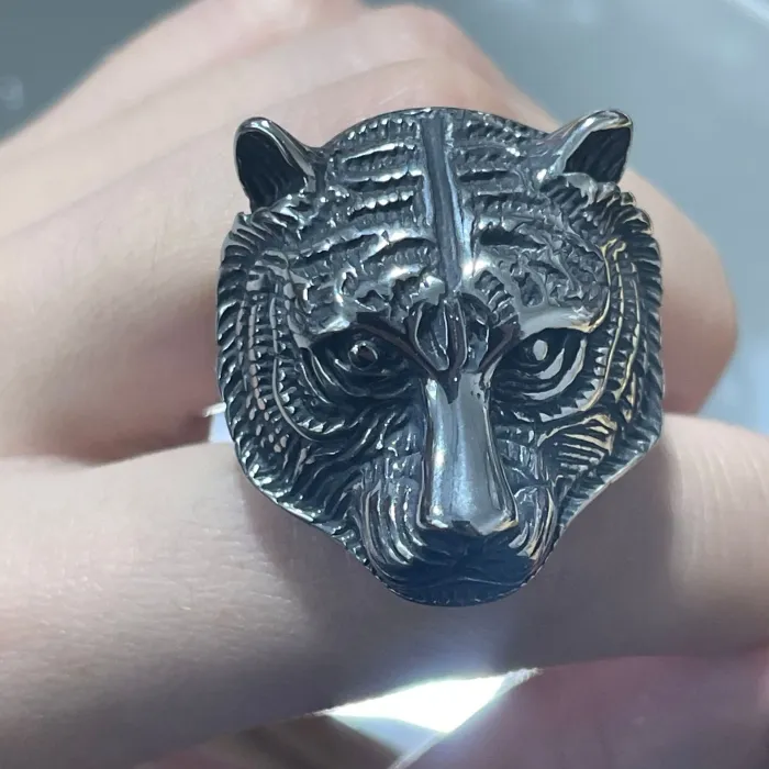 Wholesale Vintage Stainless Steel Tiger Head Ring – Solid Animal Design Men's Punk Ring | Hot-Selling Factory Direct Unisex Jewelry
