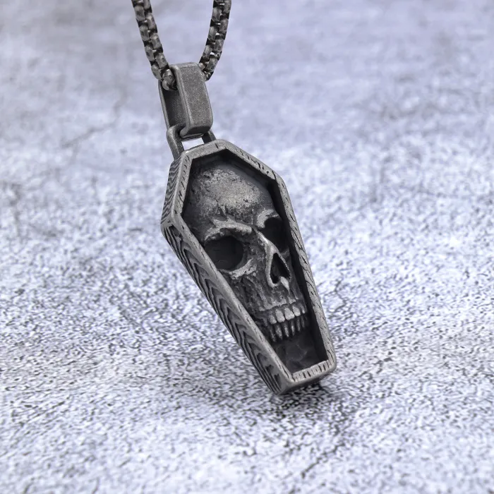 Zombie Coffin Skull Pendant – Unisex Stainless Steel Resin Drip Necklace | Punk Gothic Jewelry Bulk Supply, Ready Stock for Wholesale Orders