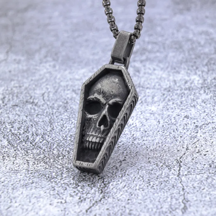 Zombie Coffin Skull Pendant – Unisex Stainless Steel Resin Drip Necklace | Punk Gothic Jewelry Bulk Supply, Ready Stock for Wholesale Orders