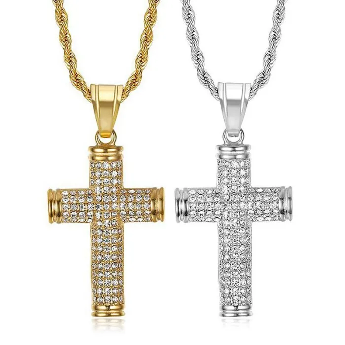 Wholesale Cross Pendant Necklace – Bulk Gold-Plated Titanium Steel Hip Hop Jewelry with CZ at Factory Price