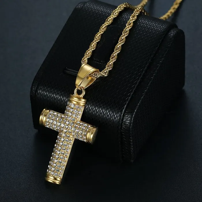 Wholesale Cross Pendant Necklace – Bulk Gold-Plated Titanium Steel Hip Hop Jewelry with CZ at Factory Price