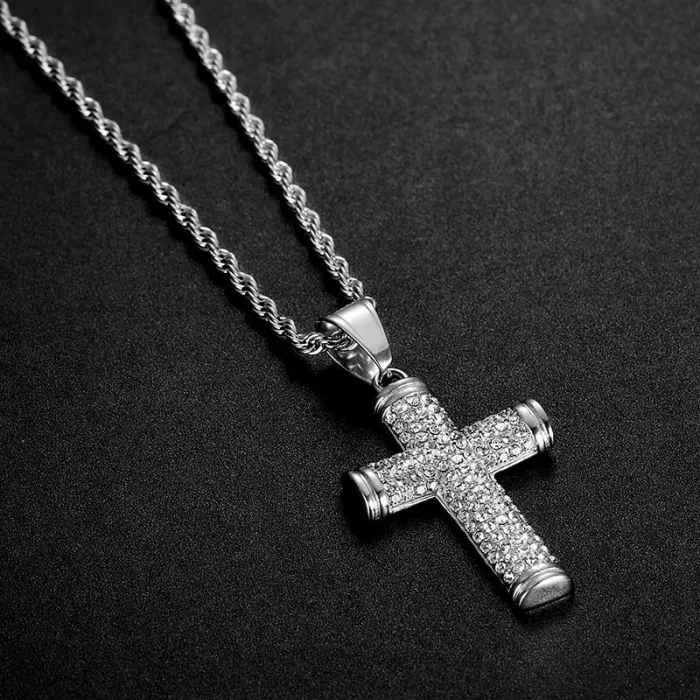 Wholesale Cross Pendant Necklace – Bulk Gold-Plated Titanium Steel Hip Hop Jewelry with CZ at Factory Price