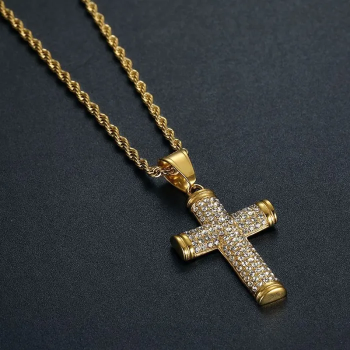 Wholesale Cross Pendant Necklace – Bulk Gold-Plated Titanium Steel Hip Hop Jewelry with CZ at Factory Price
