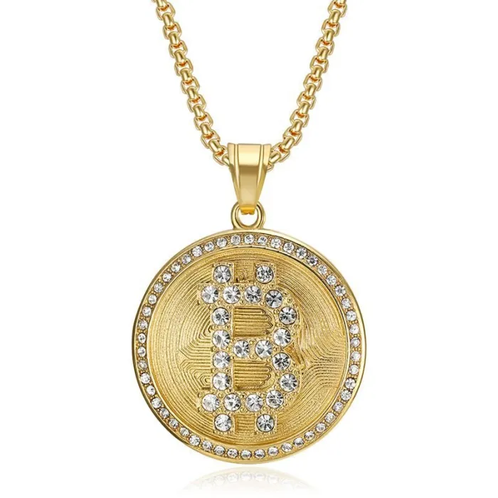 Wholesale Bitcoin Pendant Necklace – Bulk Gold-Plated Titanium Steel Hip Hop Jewelry with CZ Bling at Factory Price