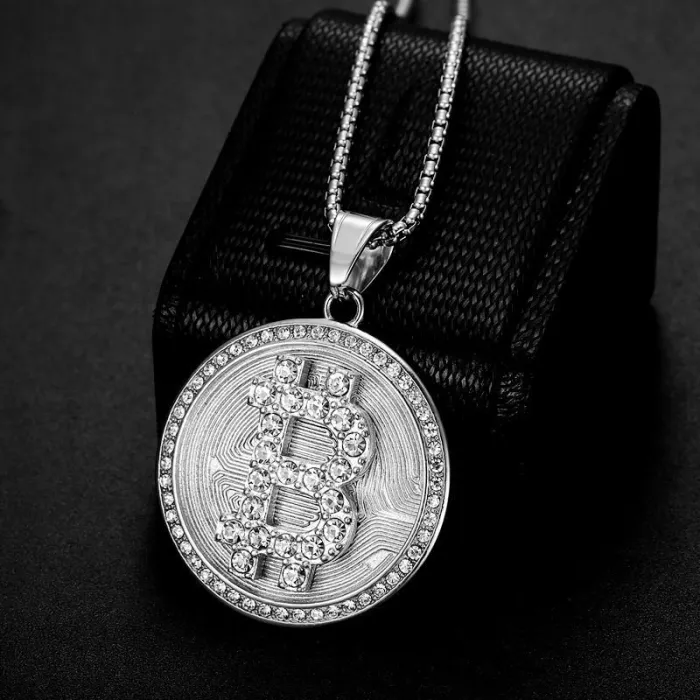 Wholesale Bitcoin Pendant Necklace – Bulk Gold-Plated Titanium Steel Hip Hop Jewelry with CZ Bling at Factory Price