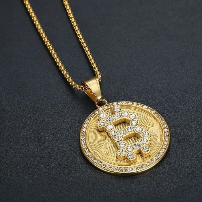 Wholesale Bitcoin Pendant Necklace – Bulk Gold-Plated Titanium Steel Hip Hop Jewelry with CZ Bling at Factory Price