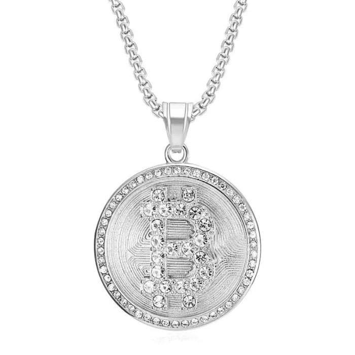 Wholesale Bitcoin Pendant Necklace – Bulk Gold-Plated Titanium Steel Hip Hop Jewelry with CZ Bling at Factory Price