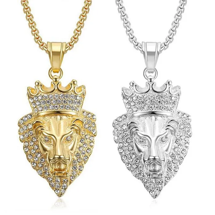 Wholesale Crown Lion Head Pendant – Bulk Gold-Plated Titanium Steel Hip Hop Necklace with CZ Bling at Factory Price